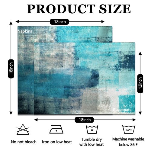 MCALK 4 Each Turquoise Placemats and Cloth Napkins Set of 8, Modern Abstract Art Painted Placemat for Home Kitchen Decor (Placemats 18 "x12 Cloth Napkins 18 "x18)