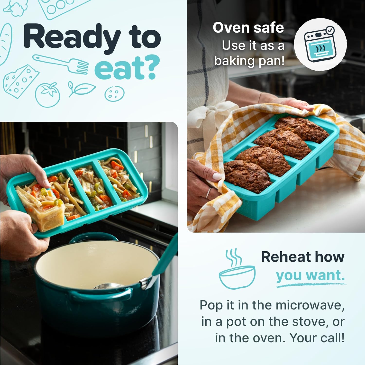 Souper Cubes Silicone Freezer Molds Set - Meal Prep Trays with Lids, 2 Tbsp, 1/2, 1 & 2 Cup - Aqua