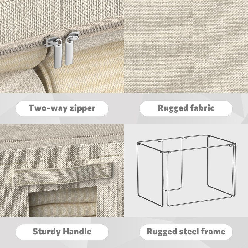 FHSQX 6 Pack Clothes Storage Bins with Metal Frame Foldable Storage Bins for Clothes Linen Fabric Storage Box with Clear Window (Beige, 15.7x11.8x11.8inch(36L))