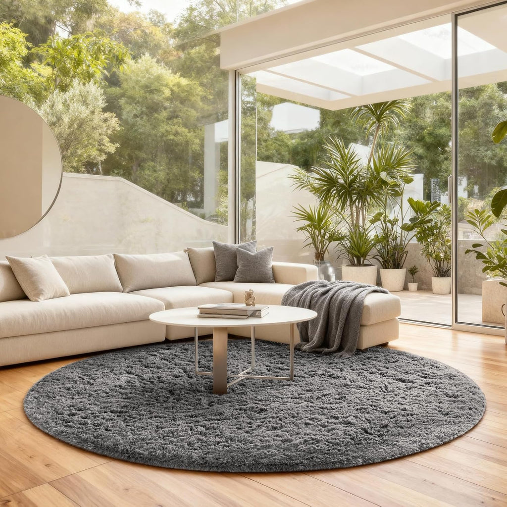 Ophanie Round Rug - 7Ft Grey Circle Area Rug | Plush Shag Carpet for Living Room & Nursery Decor