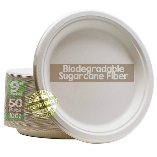 Green Earth, 100% Compostable Paper Plates Natural Bagasse, Sugarcane Fiber, Breakfast Lunch Dinner Biodegradable Recycled Disposable Round Microwave Safe Eco Friendly Heavy-Duty, 9" inches, 50 Pack
