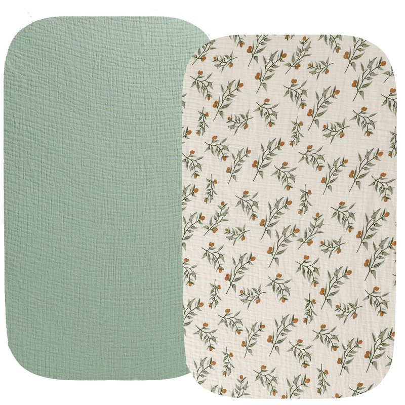 Muslin Bassinet Sheet Compatible with Maxi-COSI Iora,Swift Lightweight Portable Bassinet, AMKE Baby Bassinets, 2 Pack Cotton Stylish Boho Fitted Bassinet Sheets for Baby Roman Green & Botanical Leaf