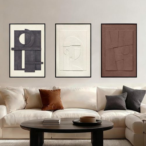 3D Textured Framed Wall Art, 3 Piece Neutral Artwork for Walls, Modern Minimalist Wall Paintings, White Black Geometric Texture Wall Decor for Living Room, Hallway, Office, 24x36In