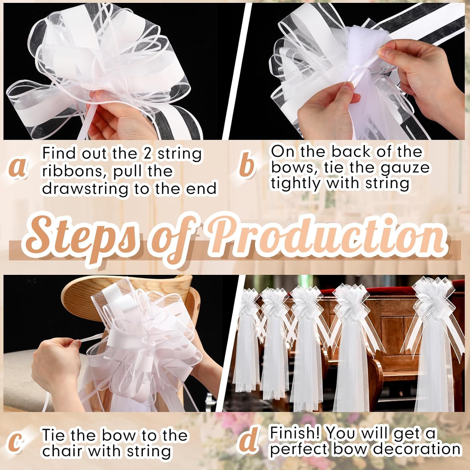 Skiennix 12 Set Large Wedding Pew Bows - Elegant White Tulle Tails for Church Aisle & Car Decor