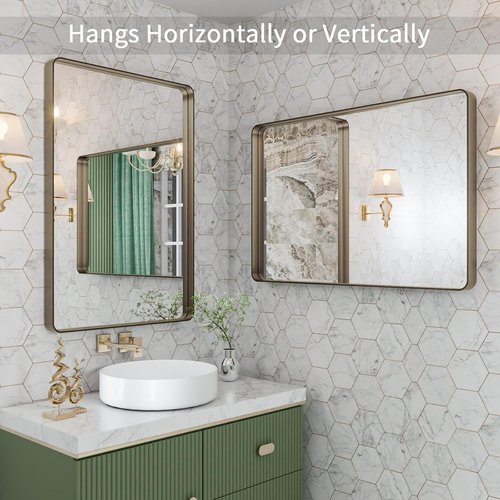 LOAAO Bronze Bathroom Mirror - 24”x32” Rounded Rectangle with Anti-Rust Brushed Metal Frame | Versatile Hanging Options