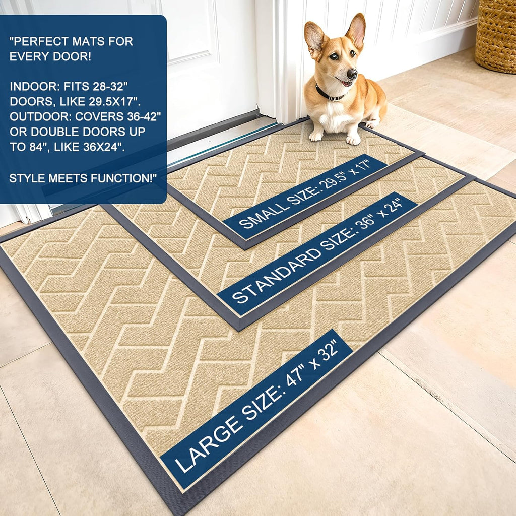 OLANLY Waterproof Front Door Mat - All-Season Natural Rubber Doormat | Easy Clean Herringbone Design (Beige, 71x23)