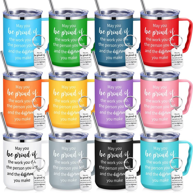 Gandeer 12 Sets Employee Appreciation Coffee Mug Gift 17oz Insulated Stainless Steel Tumbler with Handle and Keychains Thank You Gift for Coworkers Teacher