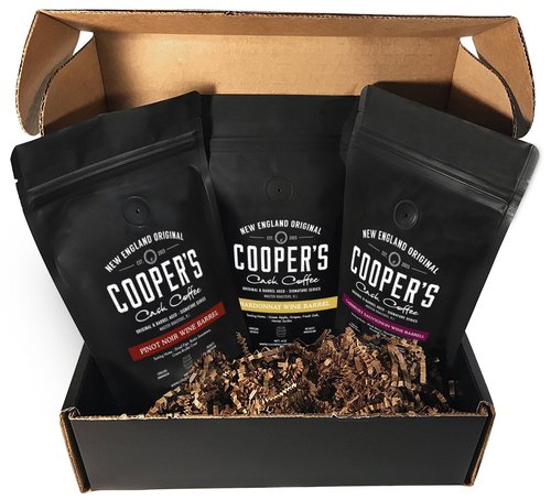 Wine Barrel Aged Coffee Gift Box Set, Sampler Roasted Coffee Costa Rica, Kenya, & Rwanda Beans Aged In Cabernet Sauvignon, Chardonnay, & Pinot Noir Wine Barrels, Medium Roast Whole Bean, 4 oz Bags, 12 oz Total