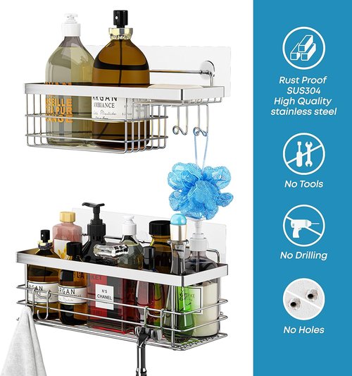 KESOL Shower Caddy - Rustproof SUS304 Stainless Steel Wall-Mounted Organizer | 2 Pack, Silver Finish