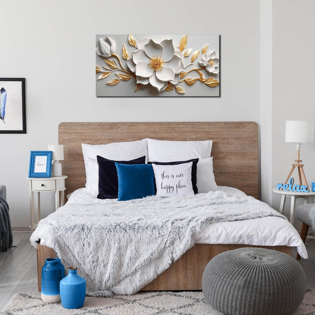 Skiennix Canvas Wall Art - Large White and Gold Floral Artwork for Living Room & Office | 20x40 In