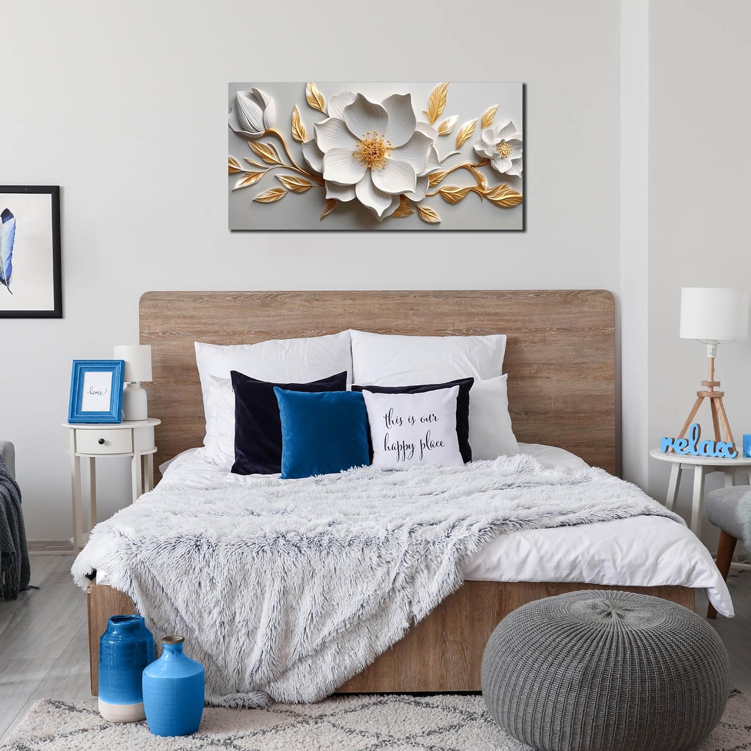 Skiennix Canvas Wall Art - Large White and Gold Floral Artwork for Living Room & Office | 20x40 In