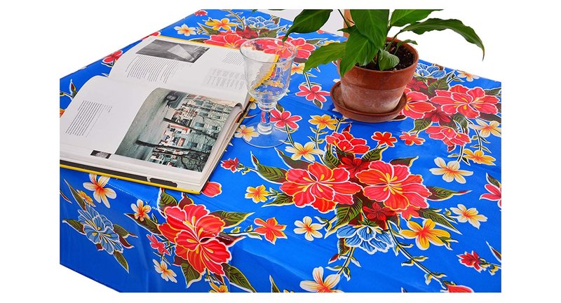 Alux Hibiscus Flowers Oilcloth Tablecloth for Patios, Picnic and Kitchen Tables - Blue and Red - Plastic Vinyl - Mantel de Plastico (55x70in Rectangle)