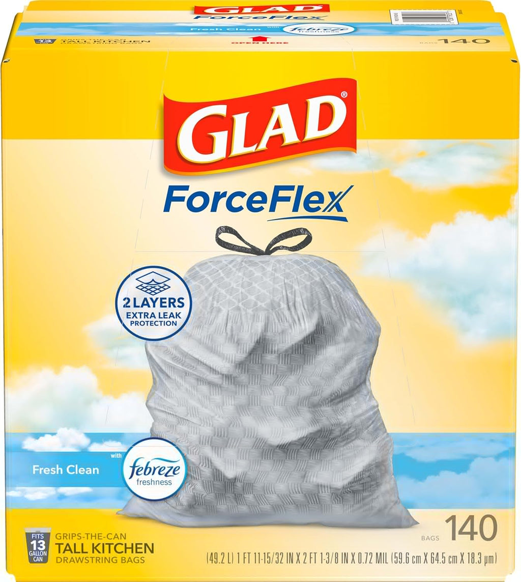Glad ForceFlex Tall Kitchen Trash Bags - 13 Gallon, Fresh Clean Scent, 140 Count Pack