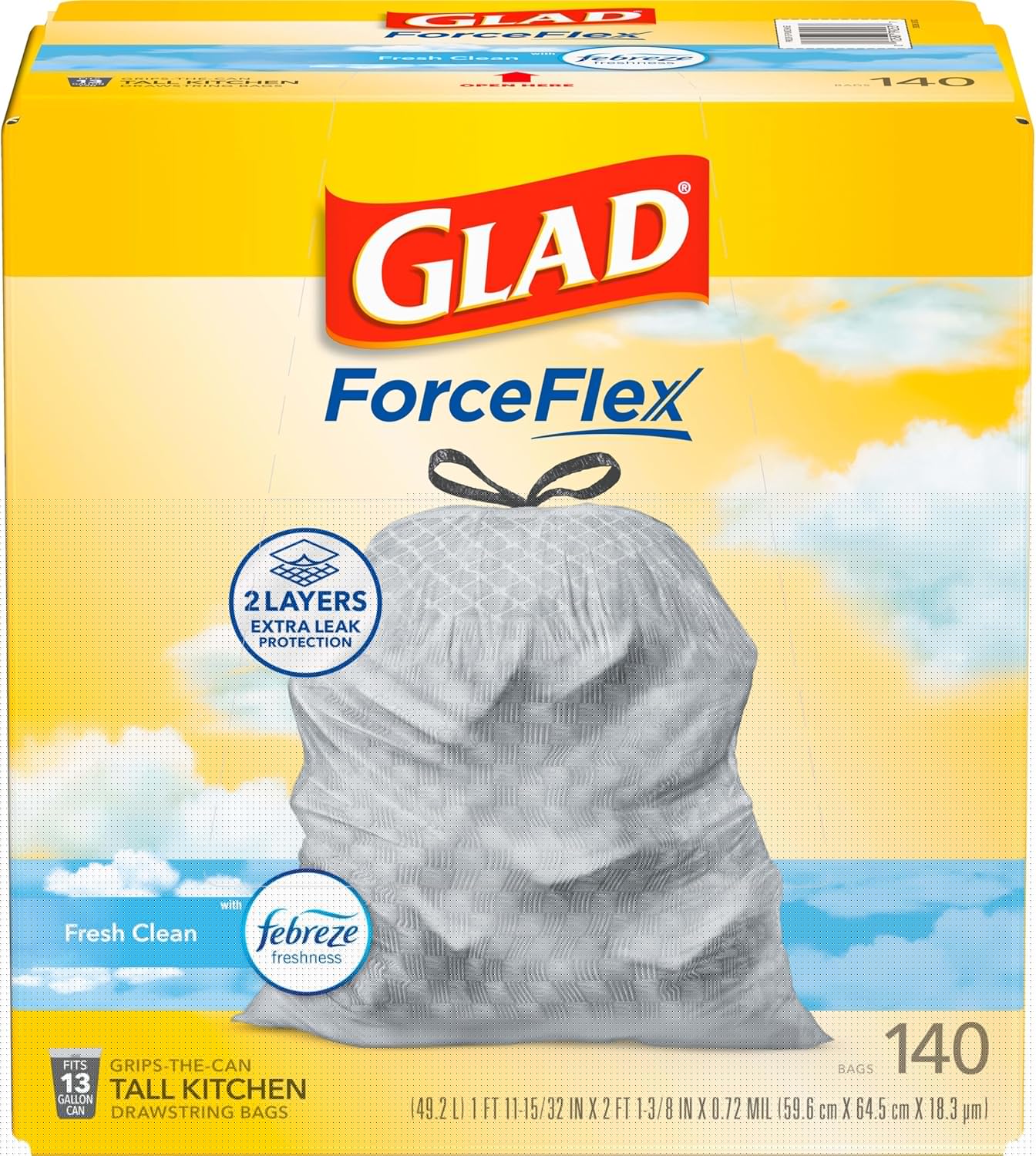 Glad ForceFlex Tall Kitchen Trash Bags - 13 Gallon, Fresh Clean Scent, 140 Count Pack