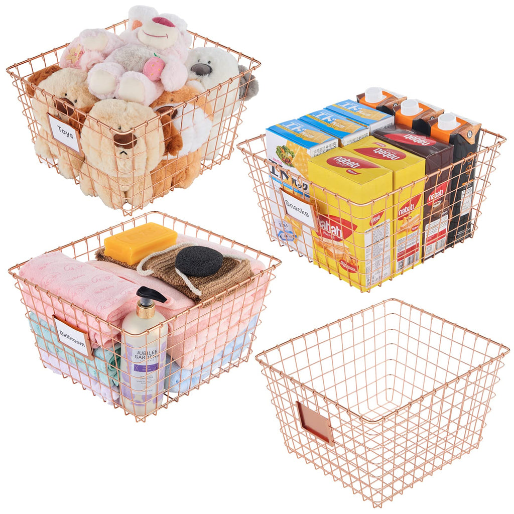 JUNCHU CHERRY 4 Pack【Extra Large】 Wire Handmade Storage Basket for Organizing Household Goods,Pantry Organization,Bathroom countertop,Laundry,Wardrobe Storage Basket,Rose Gold