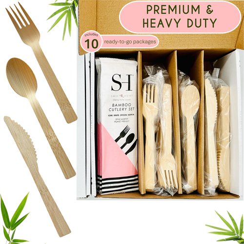 SWEET HOME Bamboo Utensils Disposable Set of 180 pcs 70 Forks 40 Spoons and 70 knives 100% Compostable - Bamboo Biodegradable Utensils Eco-Friendly Cutlery for Party Camping Travel & More