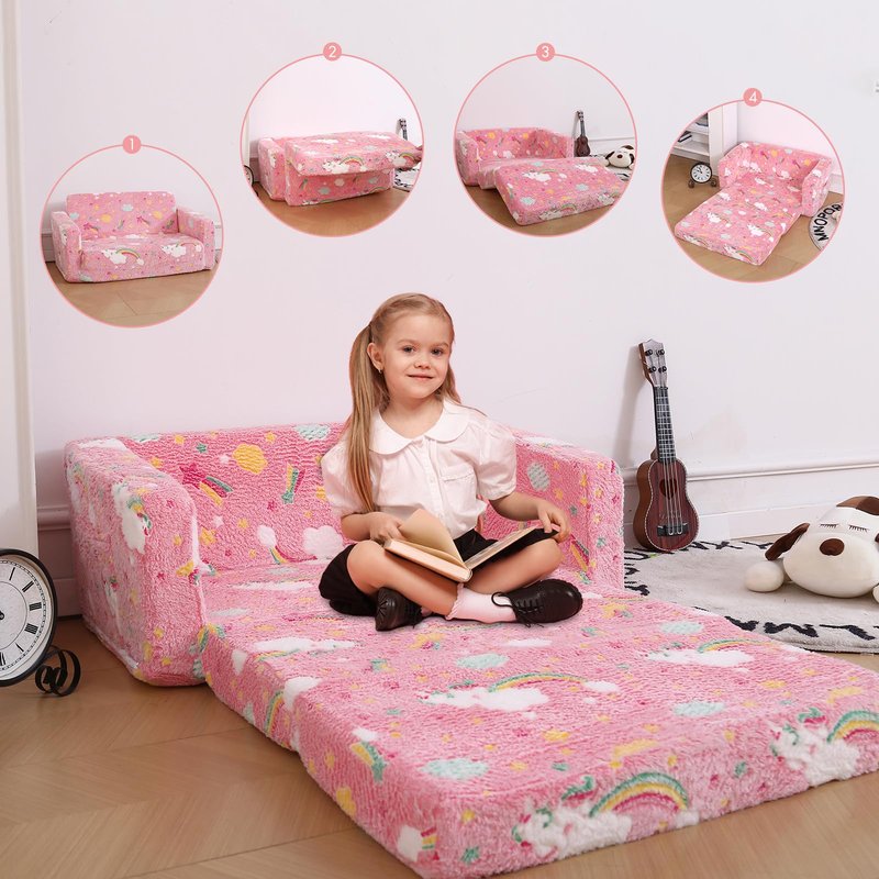Dormlony Foldable Kids Sofa Extra Wide for 2 Seats, Soft Kids Fold Out Couch Glow in The Dark,Convertible Sofa to Lounger Toddler Sofa Chair(Rainbow)