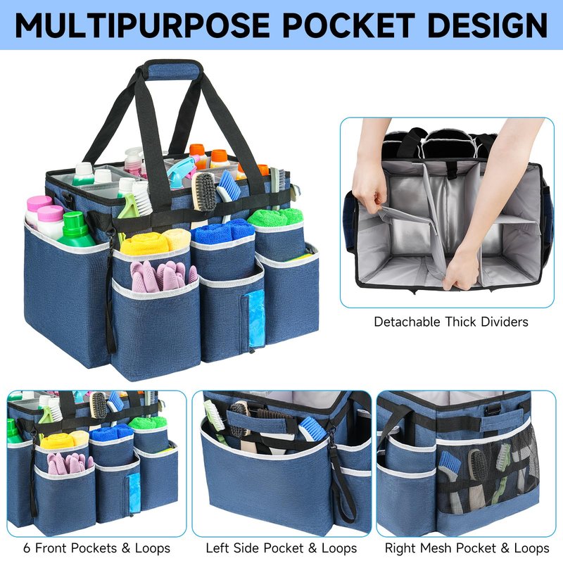 ZIOZERTT Large Rolling Cleaning Caddy Bag with Detachable Trolley,Cleaning Cart on Wheels with Shoulder Strap,Cleaning Supplies Organizer for Housekeepers,Blue