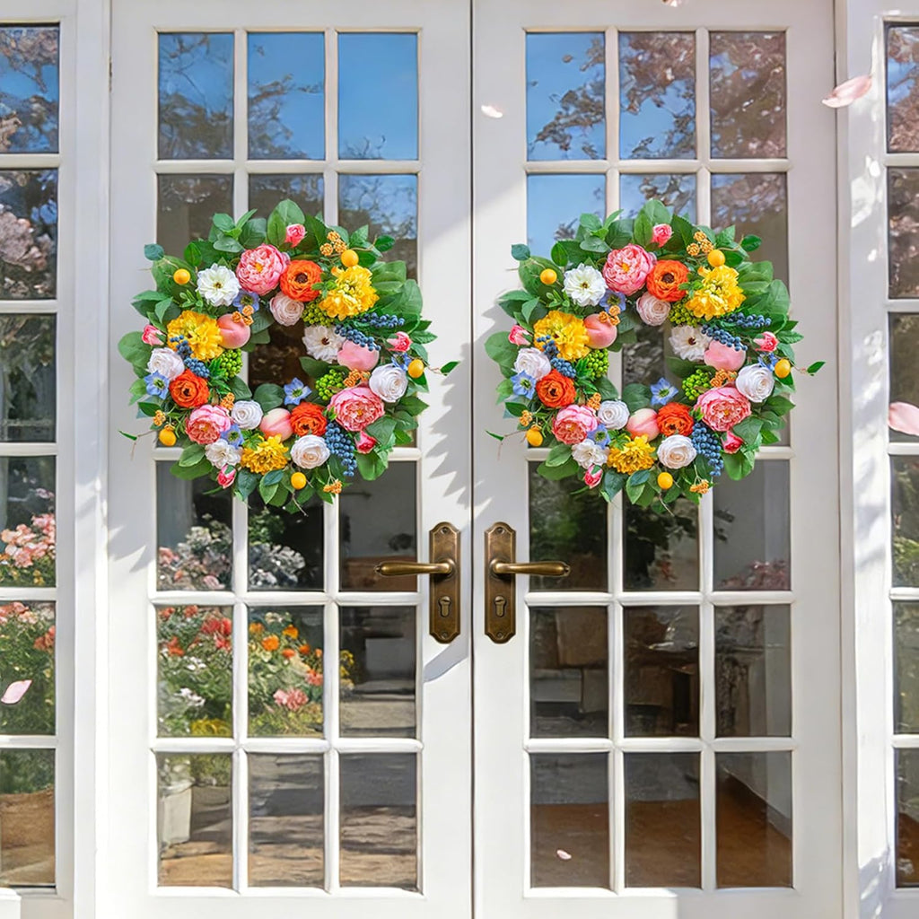 Pinkpuii 24-Inch Spring Wreath - Vibrant Peonies, Roses & Realistic Fruit Accents for Front Door Decor