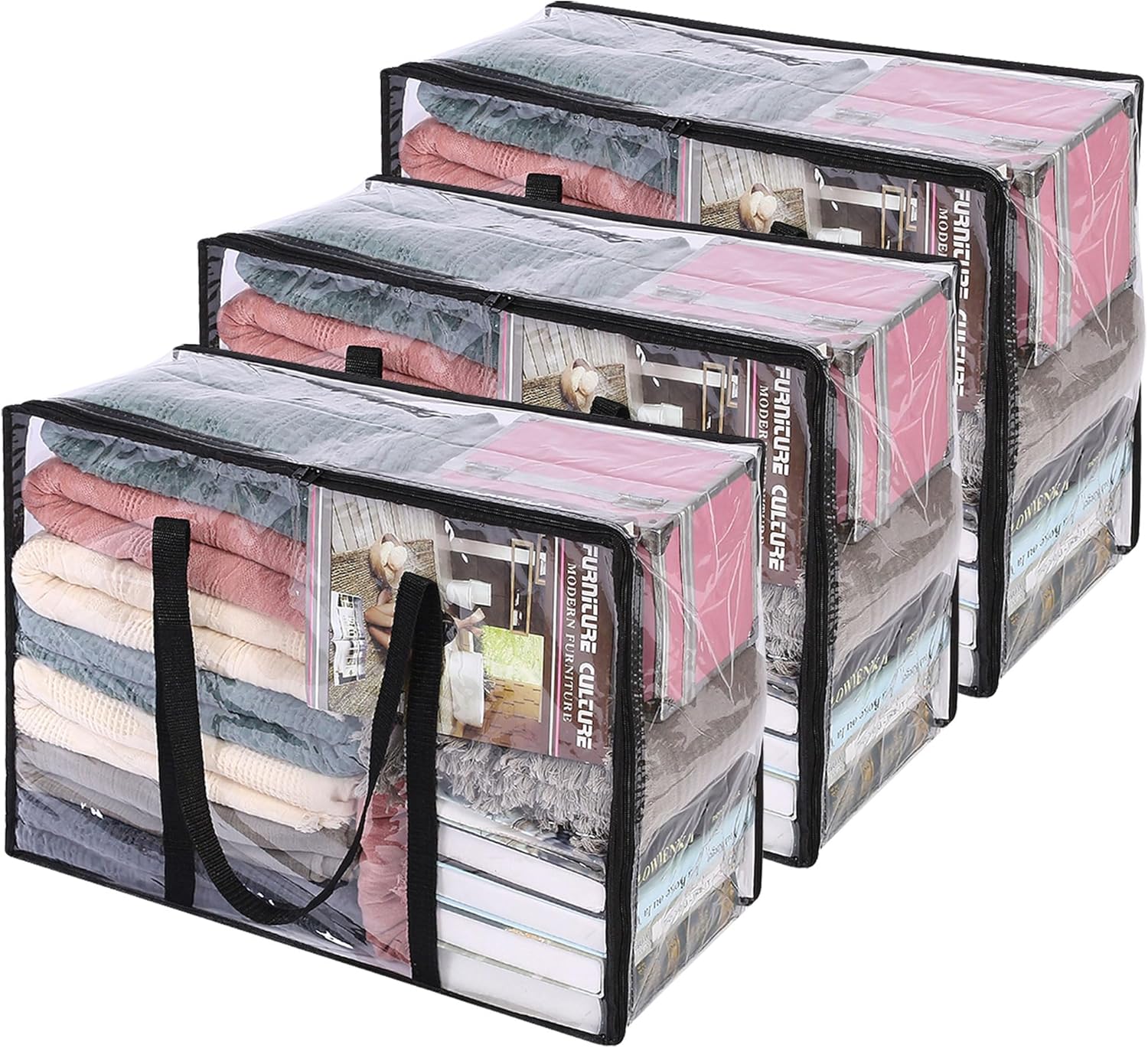 Vieshful Clear Clothes Storage Bags - 40L Zippered Organizer for Blankets, Comforters & Toys