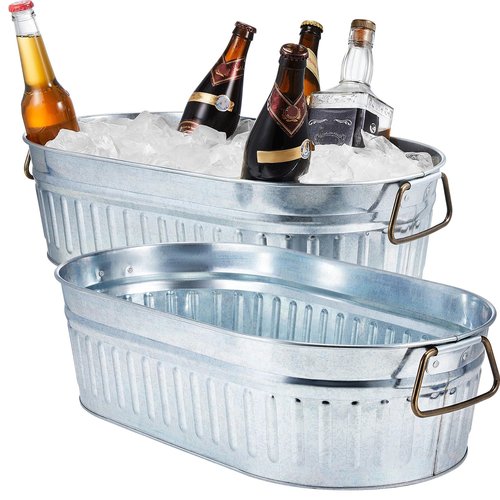 Lallisa 5.3 gallons Galvanized Beverage Tub Galvanized Bucket Metal Ice and Drink Bucket with Handles Tub for Parties Farmhouse Home Pool Bar(Silver,2 Pcs)
