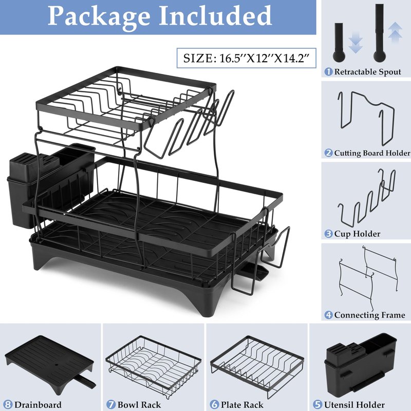 Herogo 2 Tiers Dish Drying Racks, Dish Drainers Racks with Drain Board for Kitchen Counter, Large Kitchenware Organizers with Utensil Cup Cutting Board Holder & Rotatable Spout, Detachable, Black