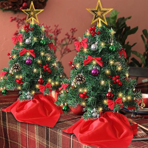 Juegoal Mini Christmas Tree Set - 24 Inch Tabletop Artificial Trees with 50 LED Lights & Ornaments