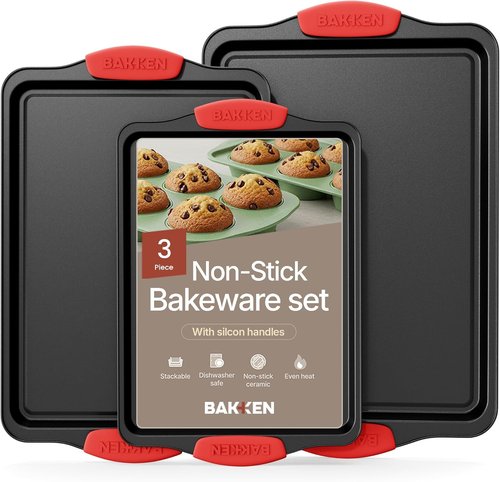 Bakken Baking Pan Set | 3-Piece Non-Stick Cookie Sheet with Silicone Handles - Commercial Grade Black Carbon Steel