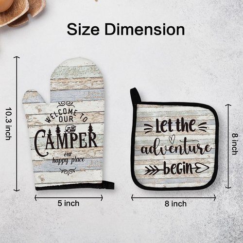 OHSUL Camper Gifts Oven Mitts and Pot Holders Sets, Camping Rv Kitchen Decor Accessories, Happy Camper Rustic Camping Heat Resistant Oven Gloves Hot Pads for Kitchen Cooking Baking BBQ