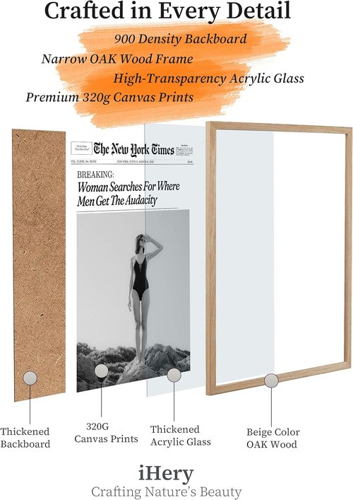 iHery Natural Oak Wood Framed Newspaper Wall Art - Trendy Retro Magazine Canvas, 12x16in | Funny Bathroom Decor
