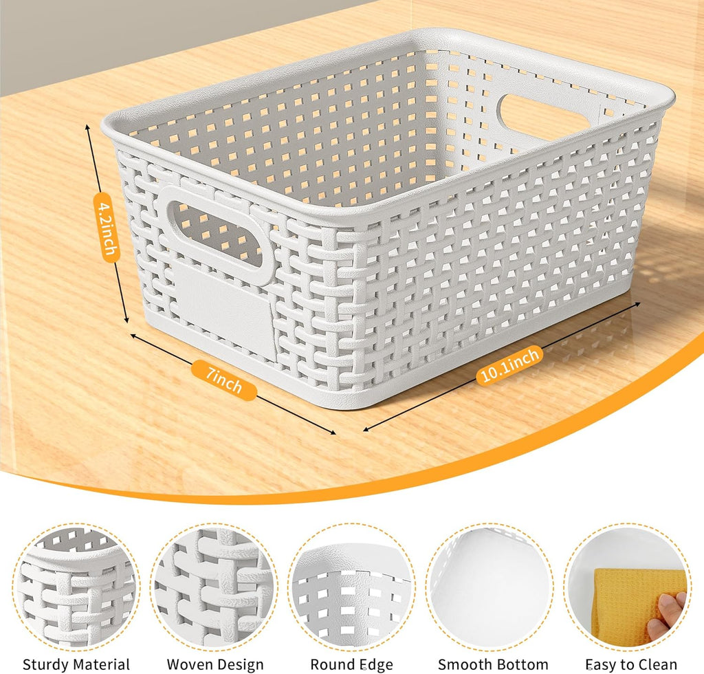 White Plastic Storage Baskets by [Brand Name] - Durable Stackable Bins with Labels | Pack of 8 for Organizing Desktops, Closets & Offices