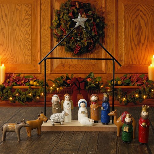 Juegoal Mini Nativity Set - 13 Resin Figurines for Christmas Decor | Holy Family Table Ornaments