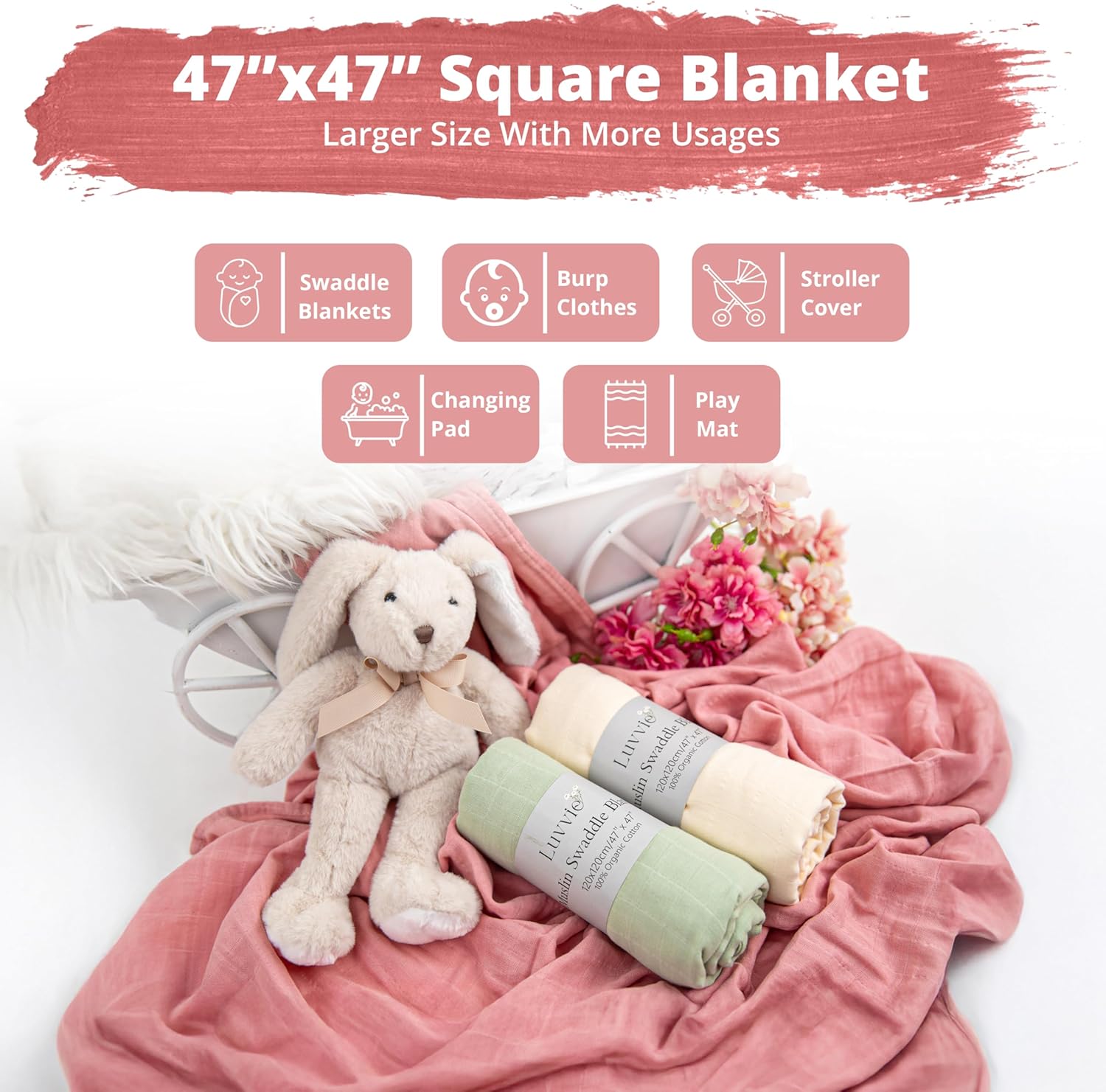 Organic Muslin Swaddle Blankets - 100% Organic Cotton Baby Wraps | Soft, Breathable & Skin-Friendly | 3-Pack, Large 47 x 47 Inches