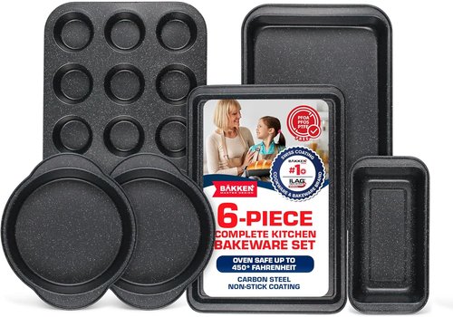 BAKKEN 6-Piece Baking Pan Set | Commercial Grade Carbon Steel, Nonstick & Stackable Design, Oven Safe Up to 450°F, Gray Marble