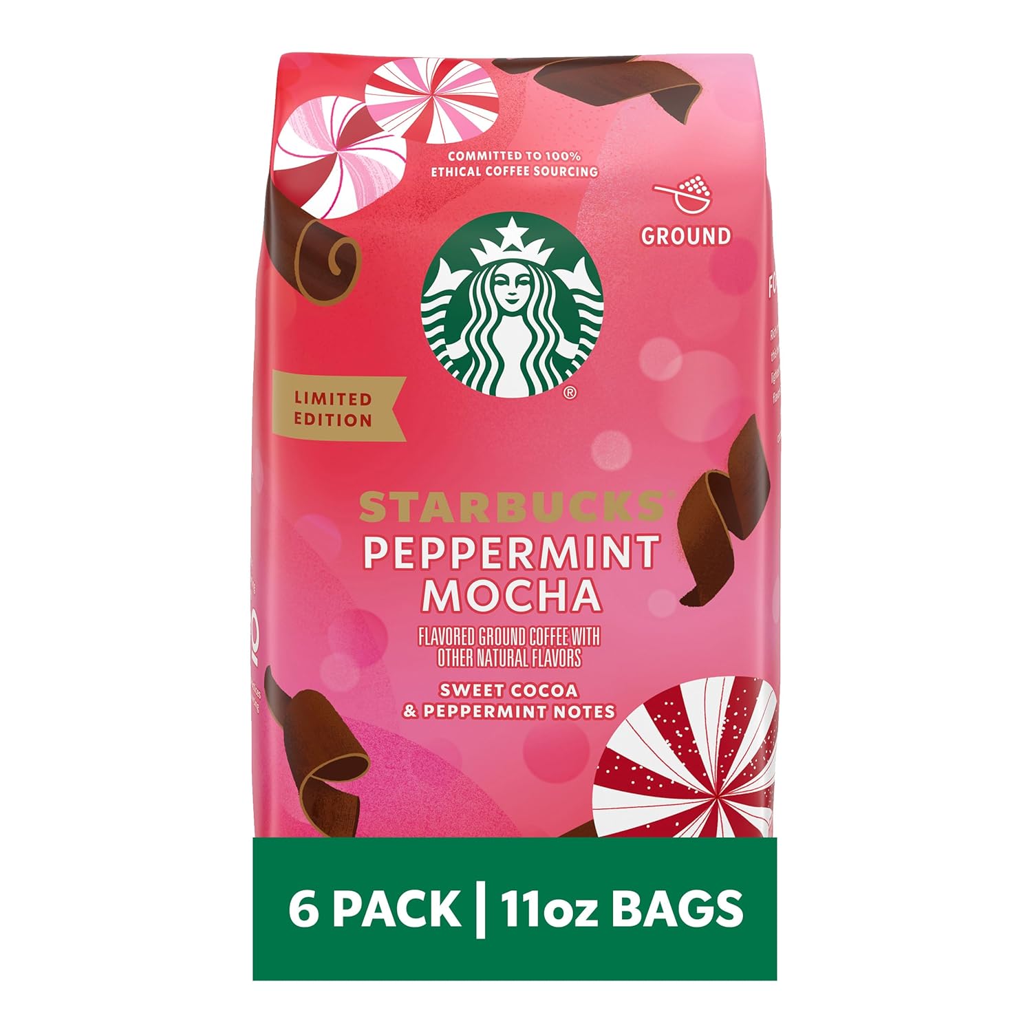 Starbucks Ground Coffee - Peppermint Mocha Flavor | 100% Arabica, Limited Holiday Edition, 6 Bags (11 Oz Each)