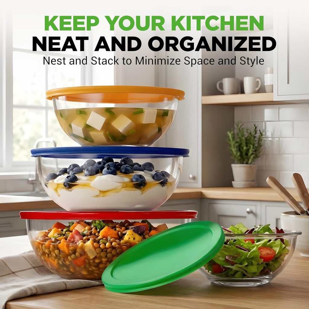 NutriChef Glass Mixing Bowls Set - Premium Borosilicate 4-Piece Bowls with Airtight Lids (1 QT-3.7 QT) for Mixing & Storage