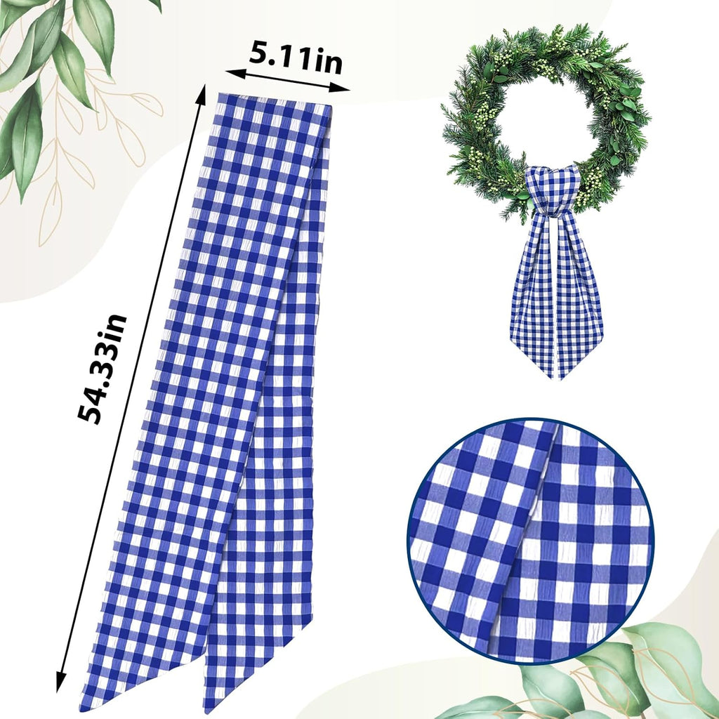 Skiennix Wreath Sash - Blue & White Buffalo Plaid Seersucker Design | 5.1 x 54.3" Indoor/Outdoor Decor