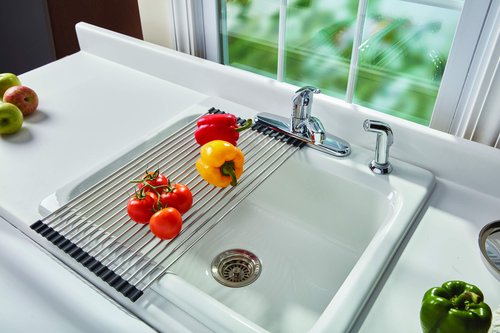 Farberware Space Saving Roll Up Over The Sink Dish Drying Mat with Rust Resistant Stainless Steel Wires with Non Slip BPA Free Food Safe Caps, Large, Silver/Black