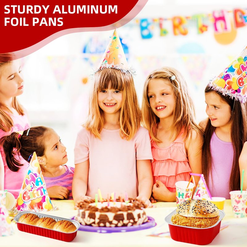 Orlashop 100 Pack Red Mini Aluminum Foil Loaf Pans with Lids 50Pcs 6.8oz and50Pcs 10oz, Spoons & Sealing Stickers Included Ideal for Baking, Storage & Gifting Dessert (100PCS RED)