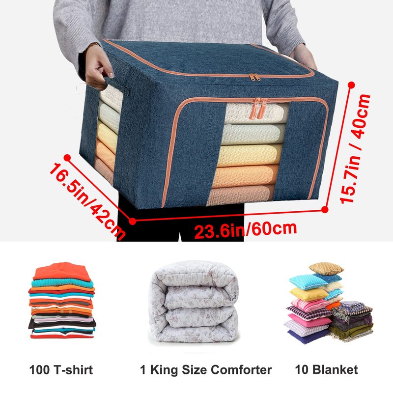 100L Large Storage Bags,Stackable Clothes Storage Bins with Hold Shape Metal Frame,Foldable Closet Organizer Containers with Zipper,Clear Window,Thick Fabric for Seasonal Clothing (Gray, 4 Pack)