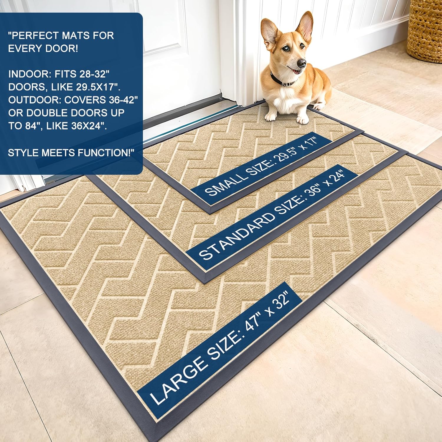 OLANLY Waterproof Front Door Mat - All-Season, Easy Clean Herringbone Design | Beige, 36x24 Inches