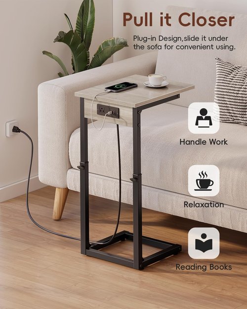 Vagusicc C Shaped End Table with Charging Station, Adjustable Height Side Table for Couch, C Table End Table Couch Table That Slide Under, Sofa Table TV Tray Arm Tables for Living Room, Bedroom, Gray
