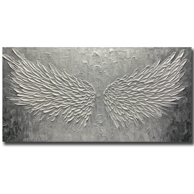 BASNLIFE Wall Art with Canvas Hand Painted Wings, Grey and White Heavy Texture Oil Painting Wall Decor, Modern Painting Artwork for Wall for Living Room Bedroom Office Home Decor(48" Wx24 L)