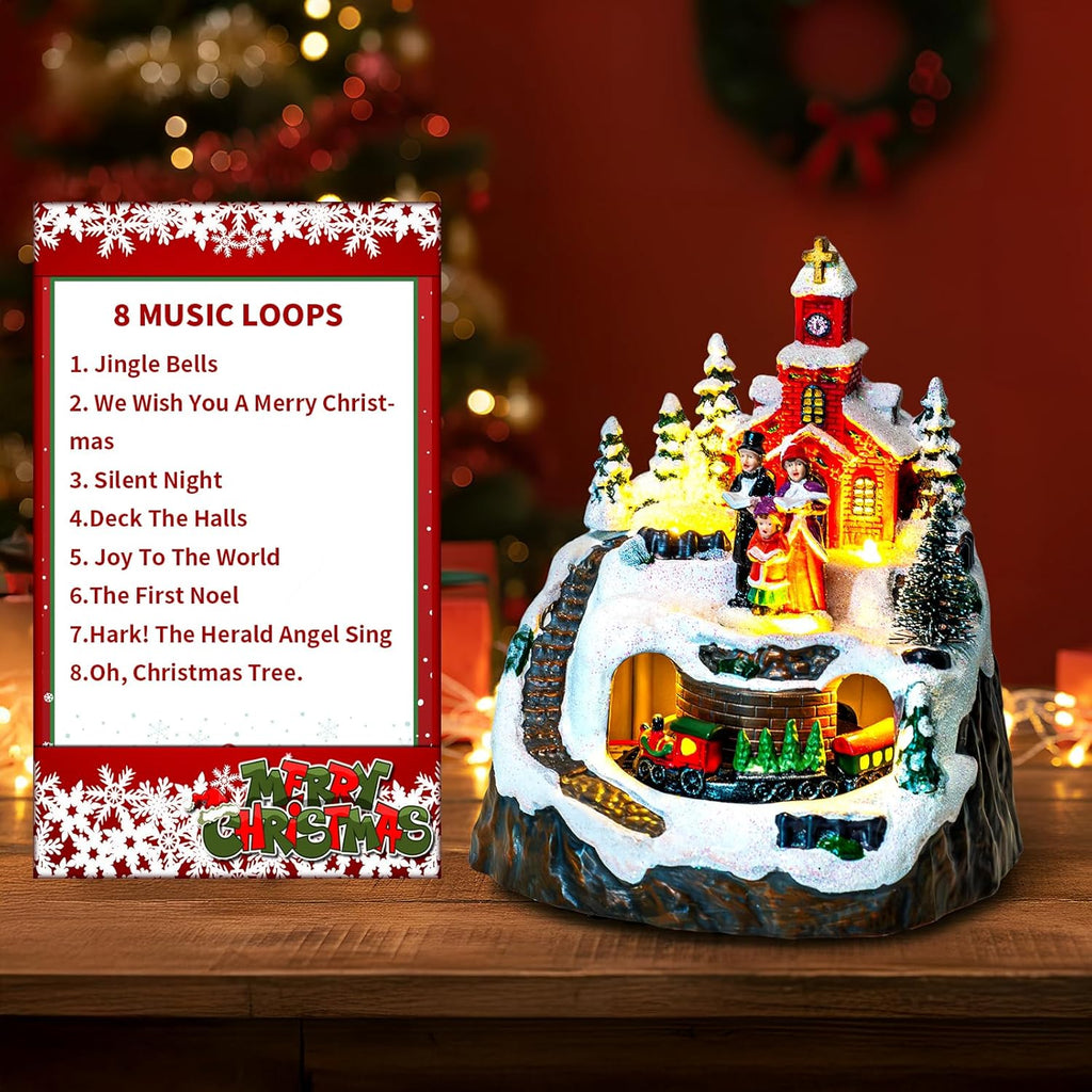 MXwcy Animated Christmas Village Decoration - Lighted Church Choir & Moving Train on Snowy Mountain