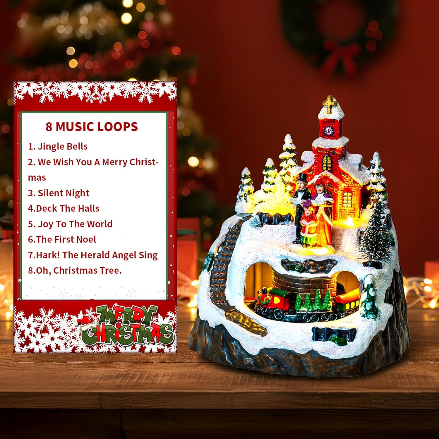 MXwcy Animated Christmas Village Decoration - Lighted Church Choir & Moving Train on Snowy Mountain