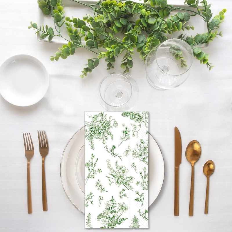 50 Pcs Green Floral Guest Napkins Summer Greenery Flower Chinoiserie Paper Napkins Party Supplie Sage Green Floral Disposable Hand Towel Tissue for Dinner Luncheon Party Birthday Baby Shower Favor