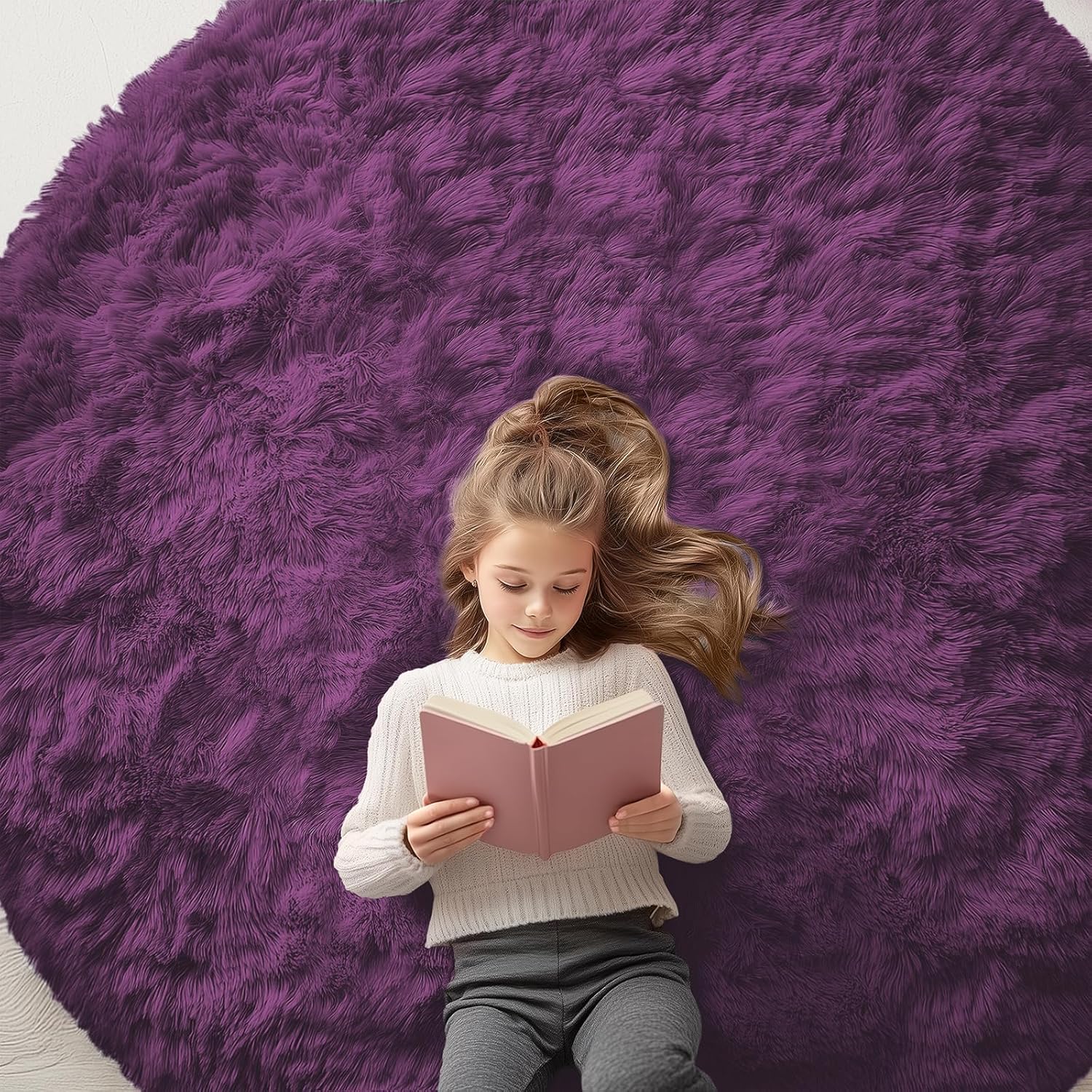 OLANLY Dark Purple Round Rug - Soft & Fluffy 6 ft Circle Area Rug for Bedroom, Living Room & Nursery Decor