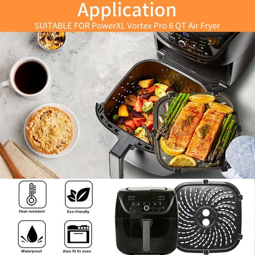 GCQFZ Air Fryer Grill Pan for PowerXL Vortex Pro 6 QT Air Fryer, Oval Nonstick 8.67''*8.67''Air Fryer Replacement Parts Accessories Rack Tray Basket Crisper Plate with Rubber Bumpers,Dishwasher Safe