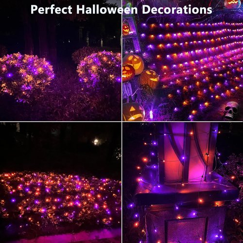 HISHINY Halloween Lights - 100 LED Waterproof 5ft x 5ft Net Lights | Durable Green Wire for Outdoor Decor (Purple & Orange)