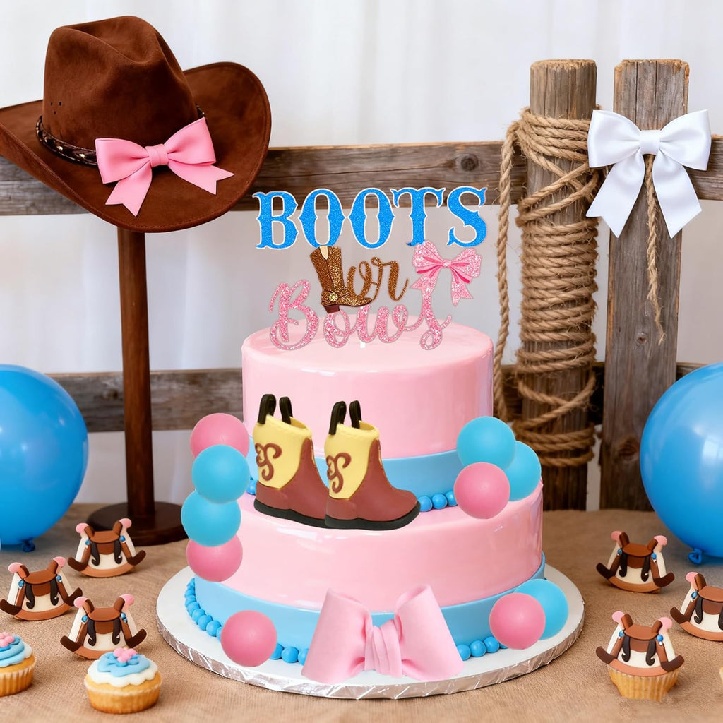 Skiennix Gender Reveal Cake Decorations - Acrylic Boots & Bows Cake Toppers Set for Baby Shower
